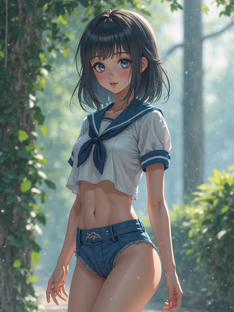 high quality,4K,8k,in white for summer very detailed,photo-like realism,HDR,UHD,Studio Lighting,Extreme Details,professional,vivid colors, bokeh effects ,３girl,lower body is a navy blue Hi-leg racing bloomer,High school girl brainwashed and controlled by Z...