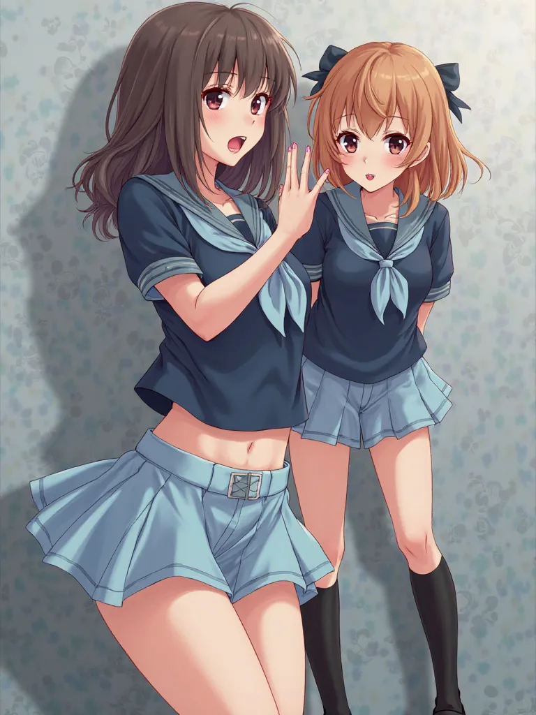 TWO GIRLS,A female high school student wearing a light blue high-leg racing bloomer on the lower body　Female high school student brainwashed and controlled by Zeragil　The upper body wears a dark blue short-sleeved sailor suit　A female high school student w...