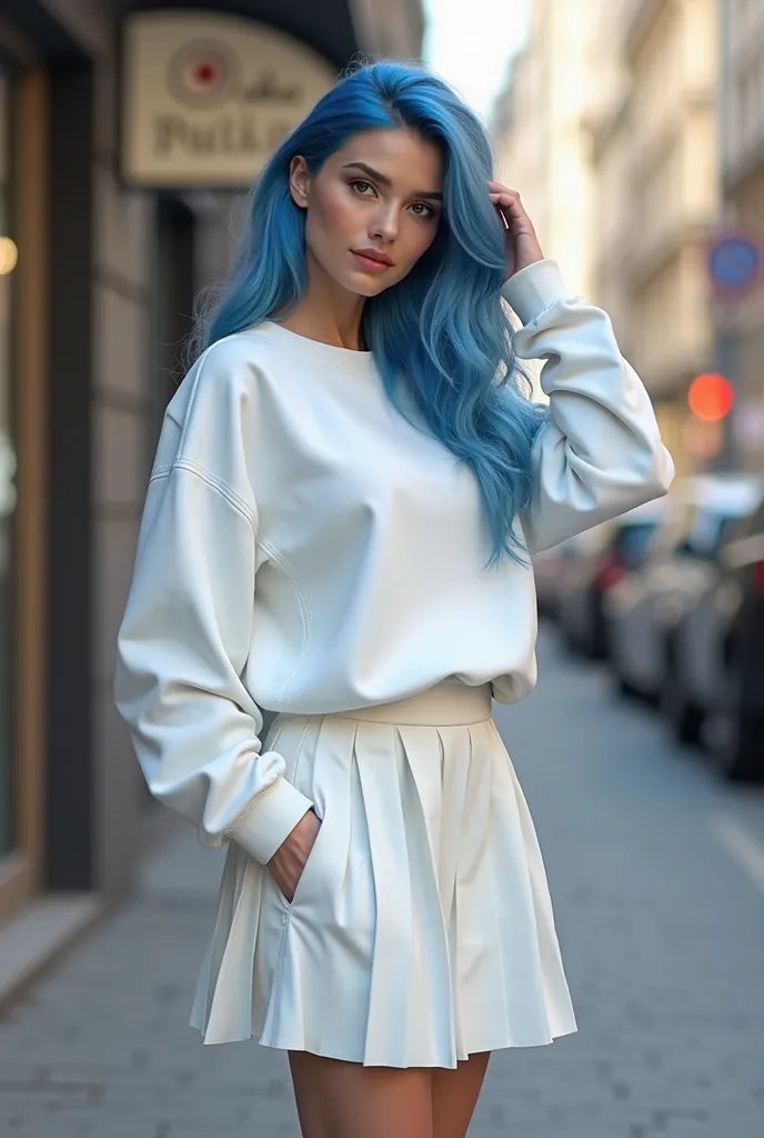 ((*"Cieelo Varzdak, a 19-year-old Russian woman with creamy white skin (#f5d6c9) and vibrant blue hair (#3eb0e8), uniform and straight to her shoulders, without highlights or warm tones. She has a slender yet curvy physique: medium-defined breasts, a narro...