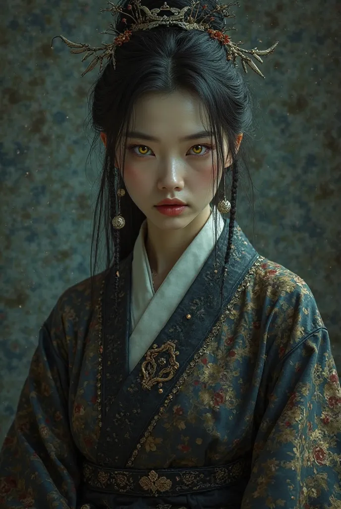 Anime, mappa art style, beautiful south Korean woman, traditional Korean garments, beautiful, yellow eyes, sinister looking, mature, well endowed 