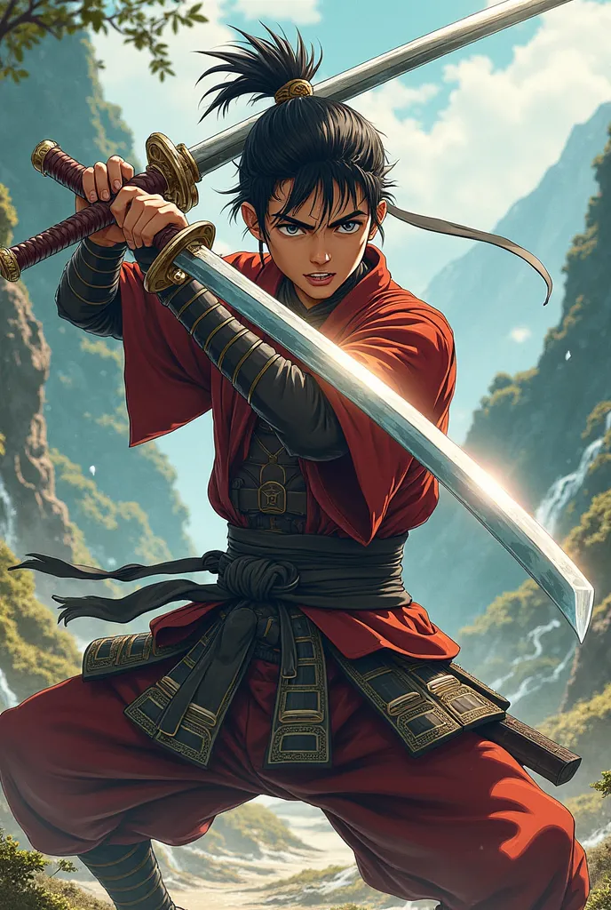 anime samurai boy holding sword action pose aggressive face
2d art