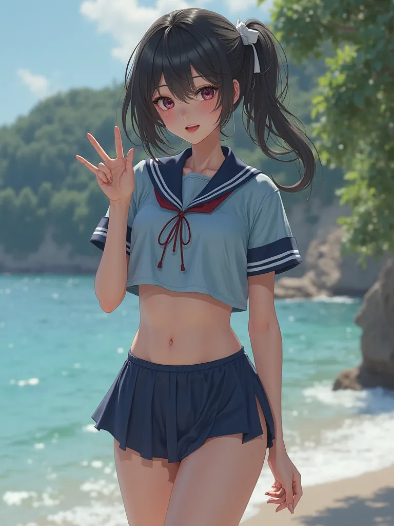 high quality,4K,8k,in white for summer very detailed,photo-like realism,HDR,UHD,Studio Lighting,Extreme Details,professional,vivid colors, bokeh effects ,３girl,lower body is a navy blue Hi-leg racing bloomer,High school girl brainwashed and controlled by Z...