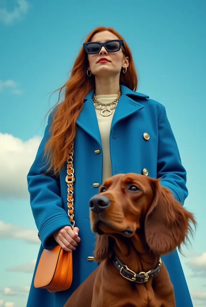 woman with super smooth long hair ginger, dressed in a vibrant blue coat, dark glasses and a silver necklace. She holds a bright bag and has a confident expression.  Next to her , there is a large dog of the breed English Setter white liver red merle Longo...