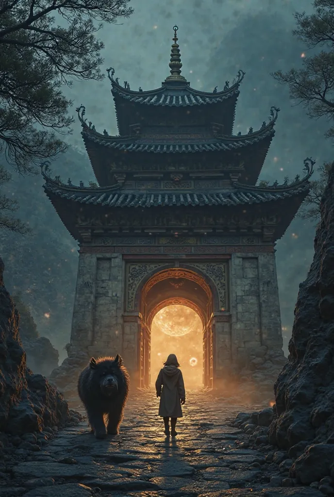 "A curious traveler approaches a Tibetan temple, with the Tibetan Mastiff emerging from the darkness, watching him with an ominous look."