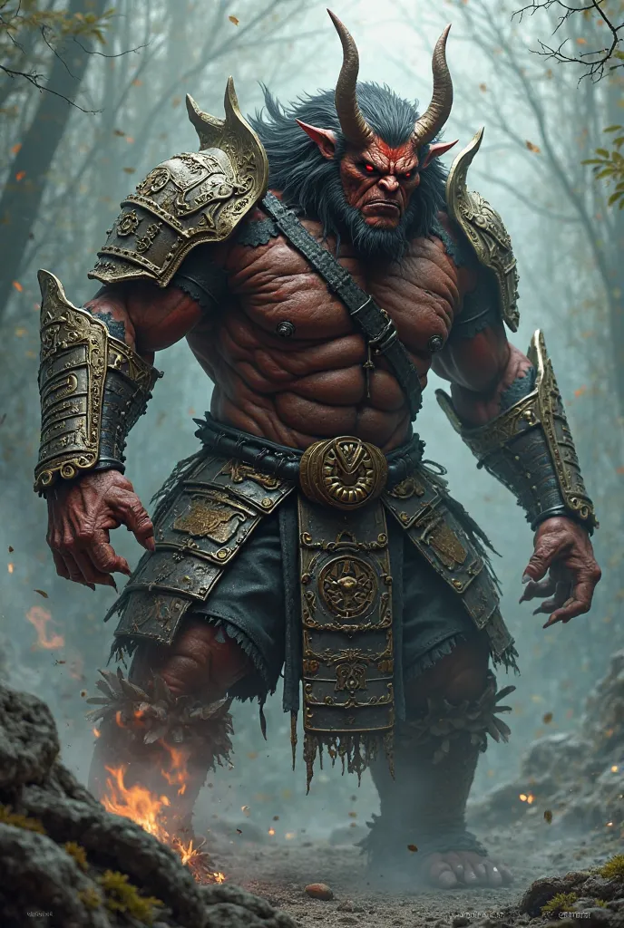 Create an Oni with a body turned sideways with warrior armor 