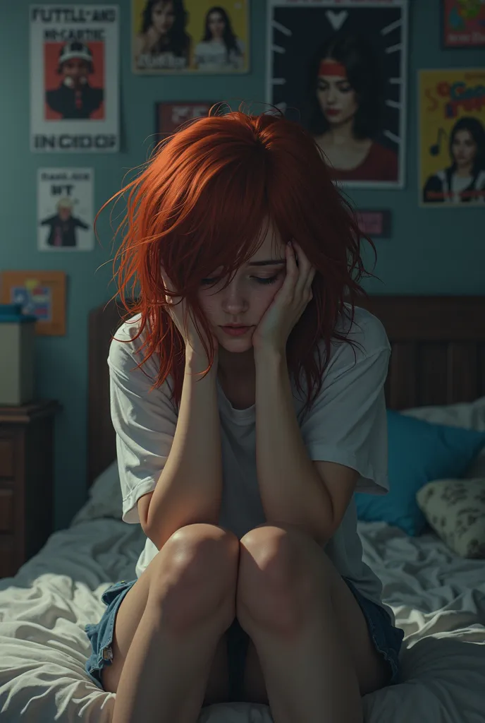 young redhead teeanger, frustrated in her bedroom, with her hands holding her head, dark room, sad face, messy hair, posters of pop bands all over the walls of her bedroom
