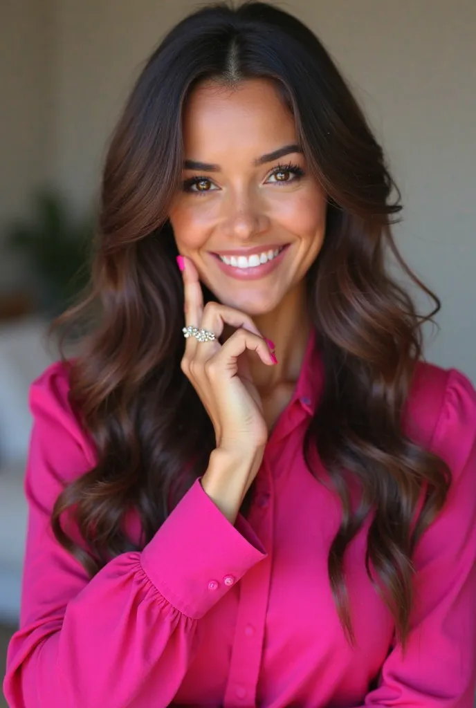 a very beautiful and smiling 30-year-old Brazilian woman, long hair in the color chocolate color with slightly wavy, dark black eyes wearing a vibrant pink dress shirt. She is posing with a confident and friendly expression, with her hand resting on her fa...