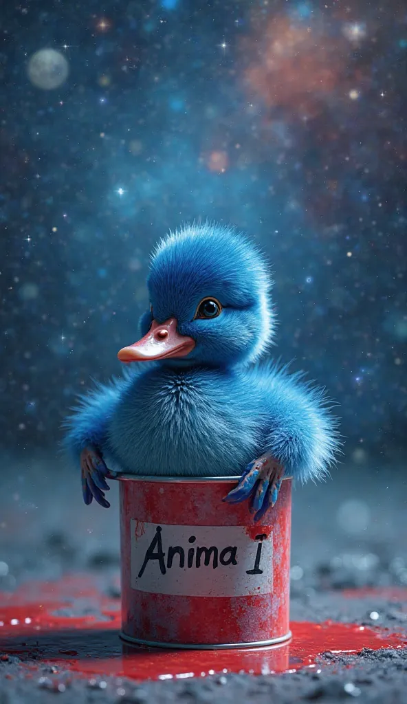 A duckling colored blue and feathers all blue , It's inside a paint can , The paint can is spilling Red paint on the floor , The name is written on the ink can "Anima AI " , He is in the galaxy on top of a mini full moon round and bright silver color , The...