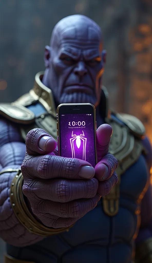 Cell phone with Spiderman's incoming call in Thanos' hand in a dungeon,  ultra real and professional images