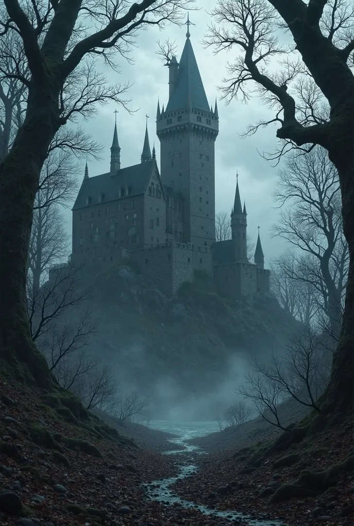 Black castle under a dark forest