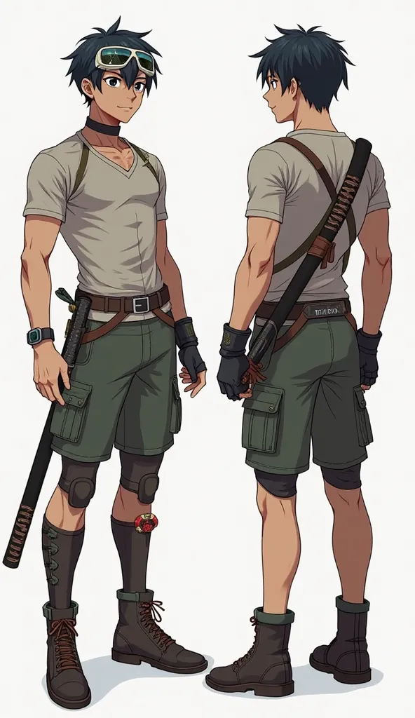 Explorer - Anime Style Design
men - Head and accessories:

Short and slightly disheveled hair.
Lenses placed over the head.
fair skin.
Watch on the left wrist.
 Upper part :

Tight fitting chest,  without many details .
Glove on the right arm with rope thr...