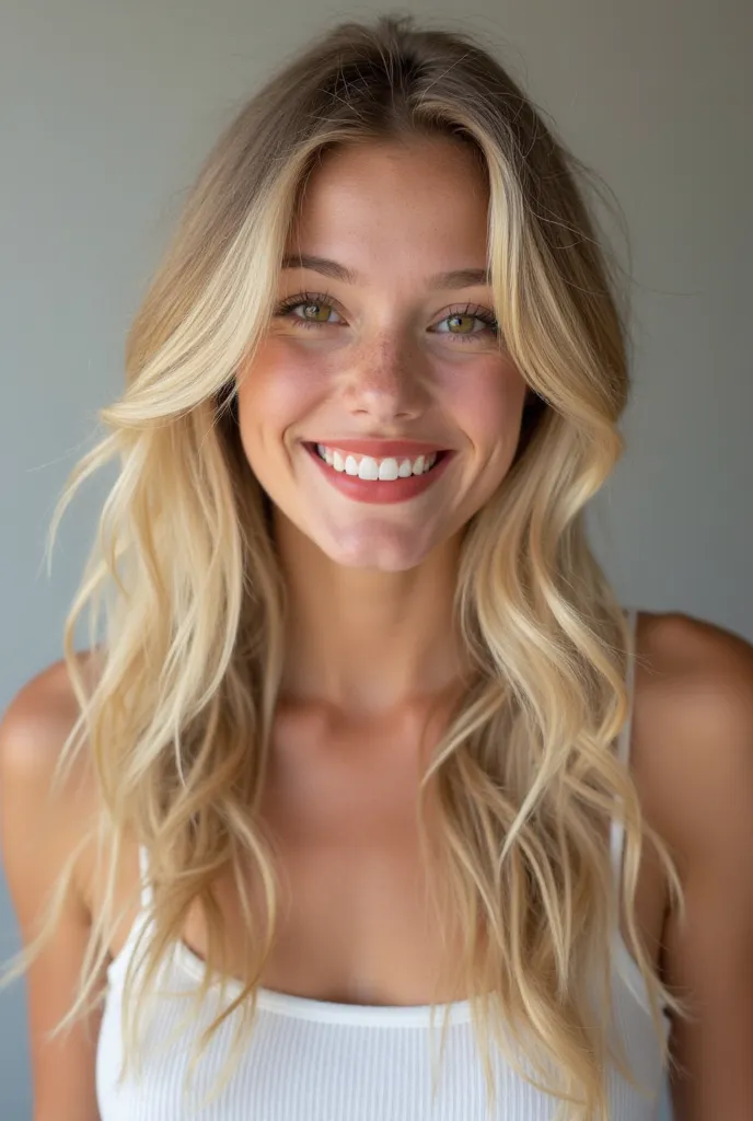 A 20-year-old woman with blond hair, far away, wavy hair and a beautiful, bright smile with fleshy red lips . She has a youthful and cheerful appearance, with a fair complexion and bright eyes. Her pose is friendly and approachable, set against a simple ba...