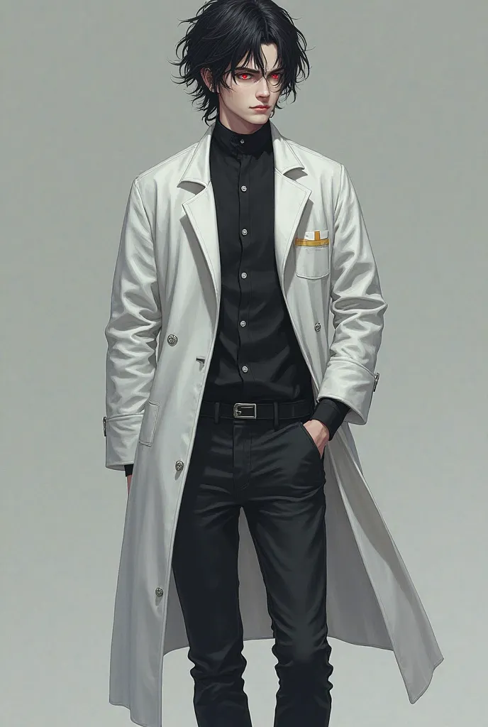 A 21-year-old scientist, medium hair with very dark black color, Scarlet-colored eyes that appear and deep dark circles, He wears a long white lab coat, inside he wears a black shirt and pants, He also wears a black boot, the personality of someone who see...