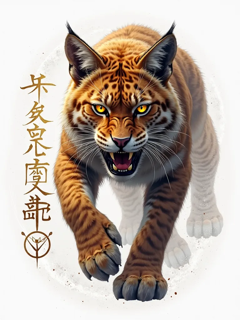 wild cat face, golden eyes shining, no pupil full body, athletic, wide paws, fierce look. Wunjo Rune symbol drawn on white image background. Logo. 4k, high resolution, ultra realism