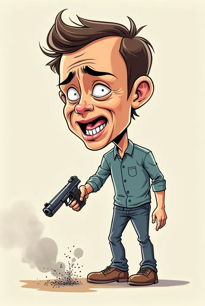 shoot yourself in the foot. Satirical and figurative style. Cartoon-like cartoon. No blood. Facial expression of regret. 
