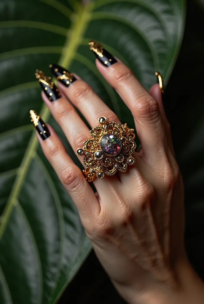 Close-up, professionally edited shot of an ornate gold ring with intricate filigree detailing and a central gemstone, elegantly worn on the index finger. Red stones,The ring features a vintage-inspired, royal aesthetic with delicate beadwork and embossed p...