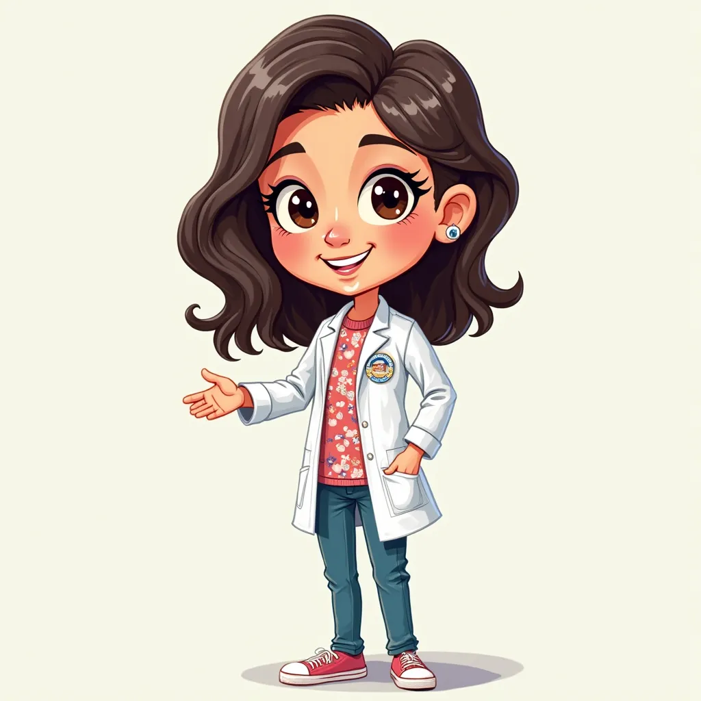  make me a white-skinned girl , dark brown eyes, wavy and dark brown hair and wearing a physiotherapist's outfit.  in cartoon style . please