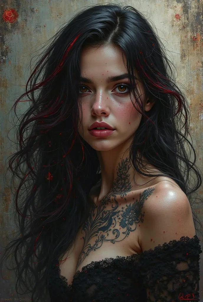 Sexy woman with long black hair, tattooed red locks and matte black skin eyes 