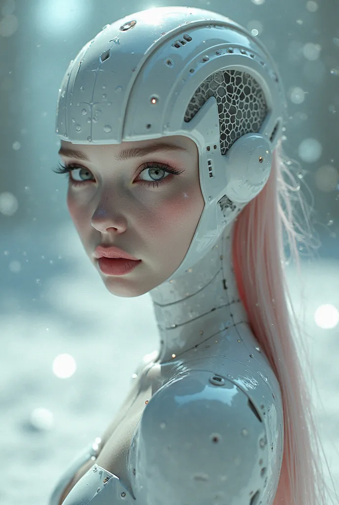 Completely plastic White android woman,Closeup on eyes,Facing viewer,Two androids behind,Closeup, looking to viewer  ,white alien medical room,Heavy rain drops,Closeup ,Lens flare,Completely_naked,vast alien beach planet,Discarded Marionette,hexagonal see ...