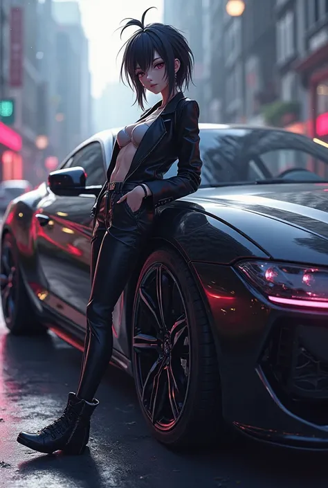 Anime character leaning against a car 