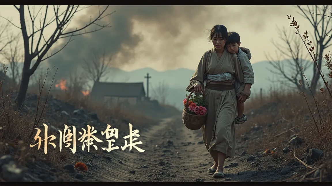 "A bleak dusk scene of a young widow in a worn kimono trudging along a charred rural path, her son on her back and a basket of unsold flowers in hand. Burned trees and a smoky sky frame her weary figure. The text 'Yamiichi no Hanauri Dai 2 Setsu: Kie to no...