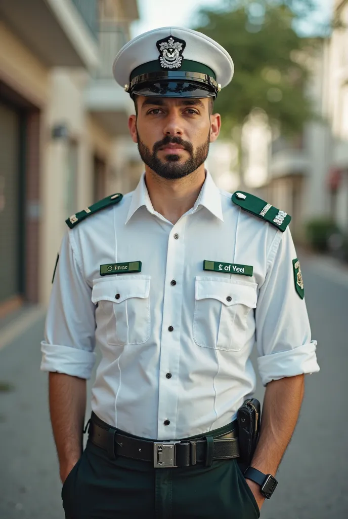  A cop wearing a white and green shirt.  he looks really cool in pants . white cop hat on his head .