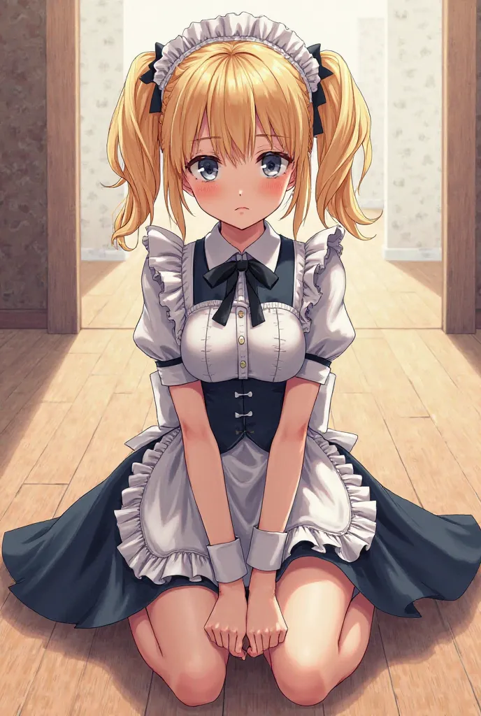 An anime-style blonde twin-tailed woman is sitting on the floor in maid clothes and is relentless