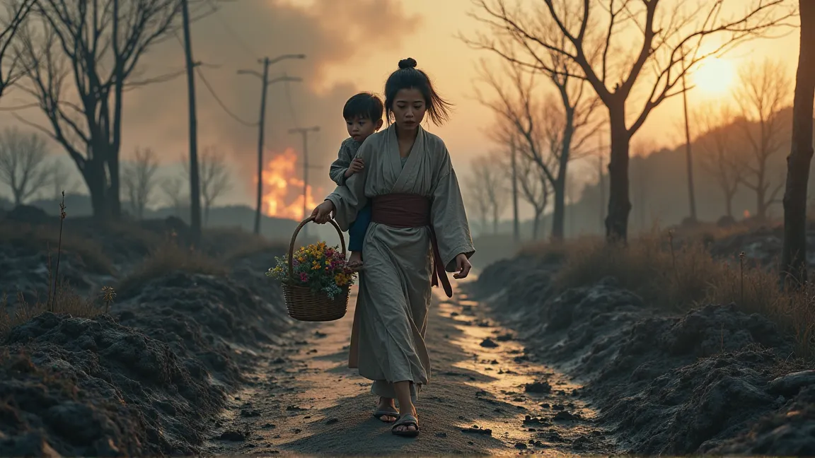 "A bleak dusk scene of a young widow in a worn kimono trudging along a charred rural path, her son on her back and a basket of unsold flowers in hand. Burned trees and a smoky sky frame her weary figure. The text 'Yamiichi no Hanauri Dai 2 Setsu: Kie to no...