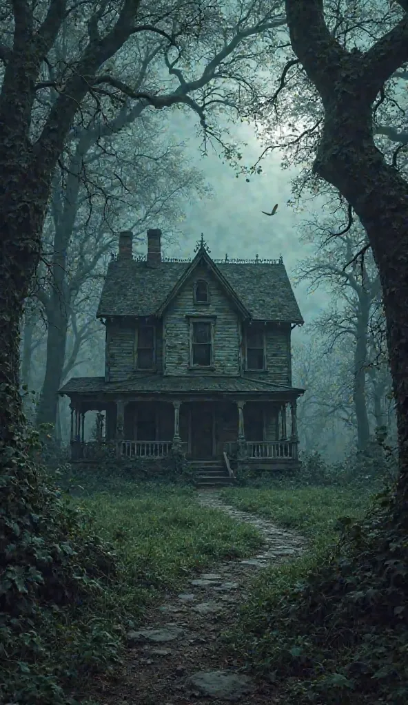 Create a picture of an empty house in the suburbs located in the middle of a dark and creepy forest



