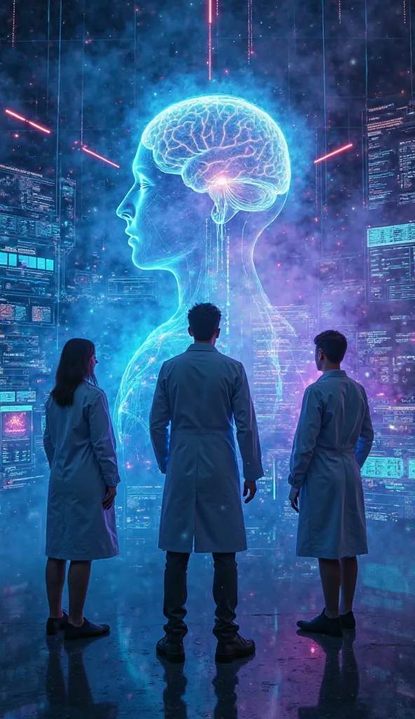 group of scientists analyzing a person's dreams in a futuristic style, cyberpunk, holographic panels, HIGH-TECH LAB, advanced computer interface, Neon lights, smoke effects, Blue and purple tones, resolution 8k, professional photography, studio lighting