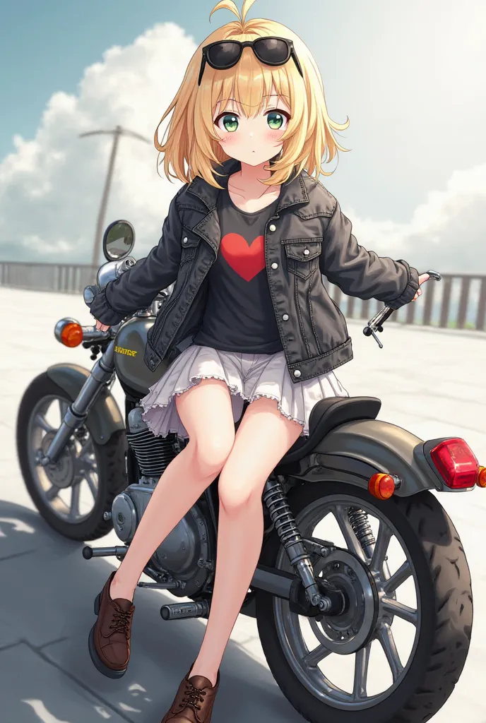 Anime girl with blond hair one right eye is green brown and the left is blue brown she is wearing a black jeans jacket a t-shirt with a heart on shoes in black a white skirt she is sitting on a motorcycle on her head she is wearing sunglasses 