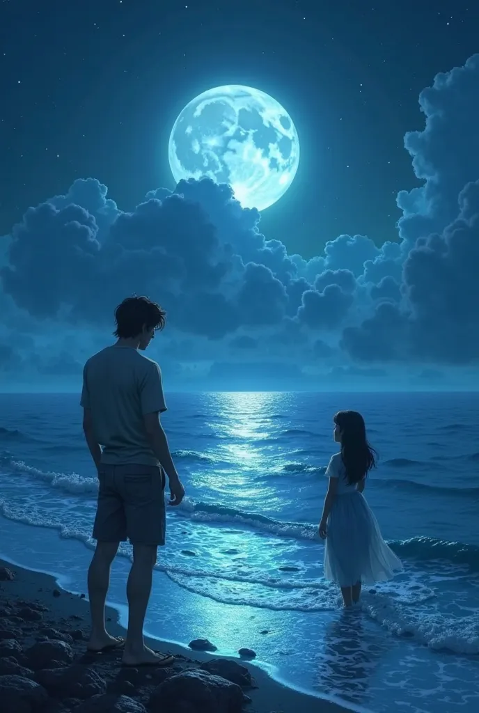 "An immense ocean separates the protagonist from his impossible love, who stands on the opposite shore, looking at him with sadness. The moon reflects on the water, symbolizing their distance. The scene is poetic, with cool colors and bright lights. Disney...