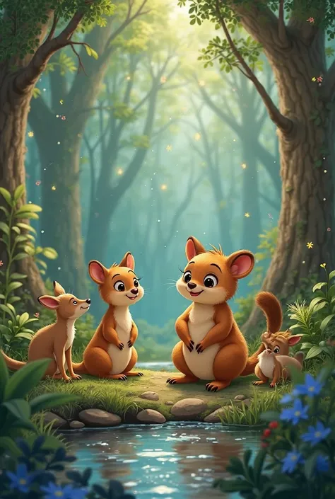 Create for me a beautiful Disney-style image of creation 
A forest with a cheerful quoka telling her friends how God created all things 