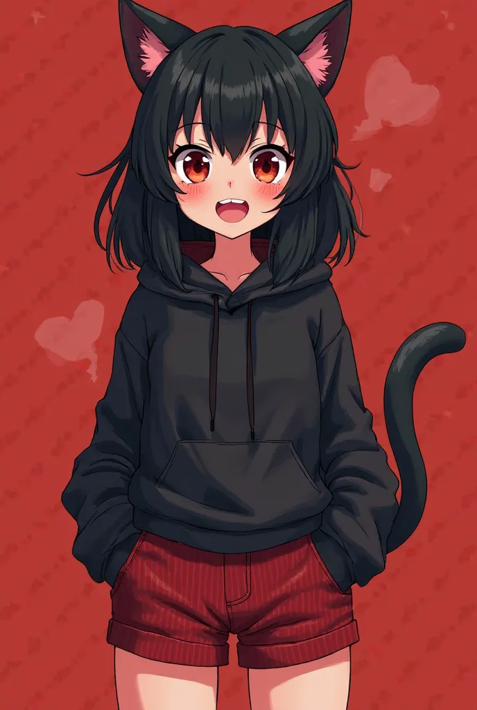 A  half-cat girl with black hair, crimson red, black hoody and crimson red. A cartoon-drawn style, her face is excited and cute. Dark crimson red corduroys and a hoodie cover half of shorts. And the background is dark crimson elegant