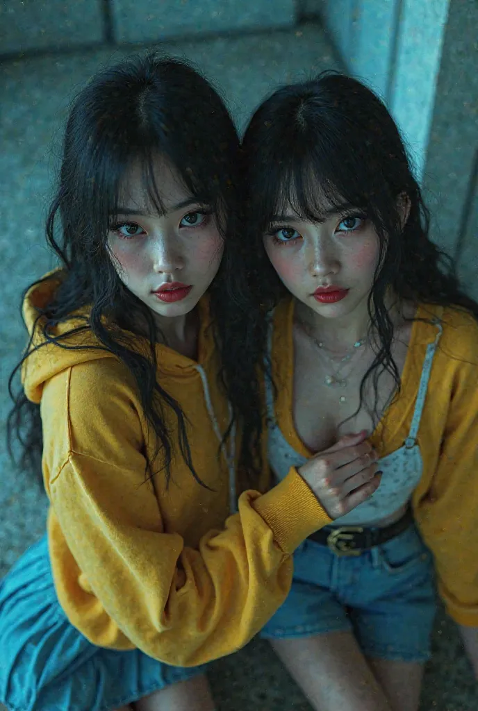 pretty dark eye makeup, sharp fangs,Stretching Nails,brainwashed and controlled,two girls,Flashman Sarah,Lou,yellow hoodie,Yellow Mini Pleated Skirt,White half boots,Black Medium Hair,Japanese Beauty,Skinny,Blue clothes,white mini ,4K,8k,High Resolution,Ma...