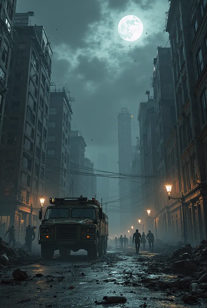 A city set in a zombie apocalypse, with an abandoned military convoy on the night streets 