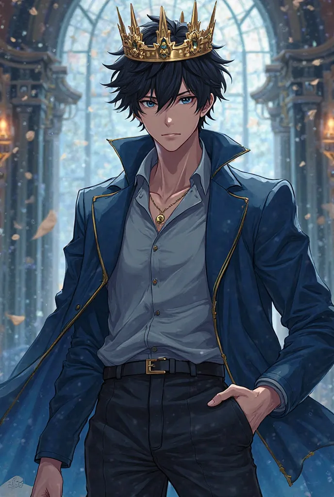 Believe me, an anime boy with black hair, black eyes, a crown on his head who wears a gray shirt with a blue jacket and black pants. 