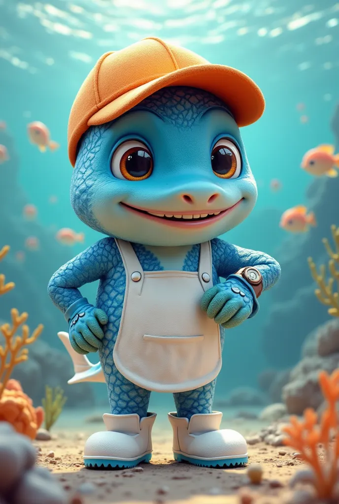 3D blue animation fish, With characteristics of the fish known by the name Cioba, fish mascot with human arms and legs, orange curved brim cap, white apron and boots