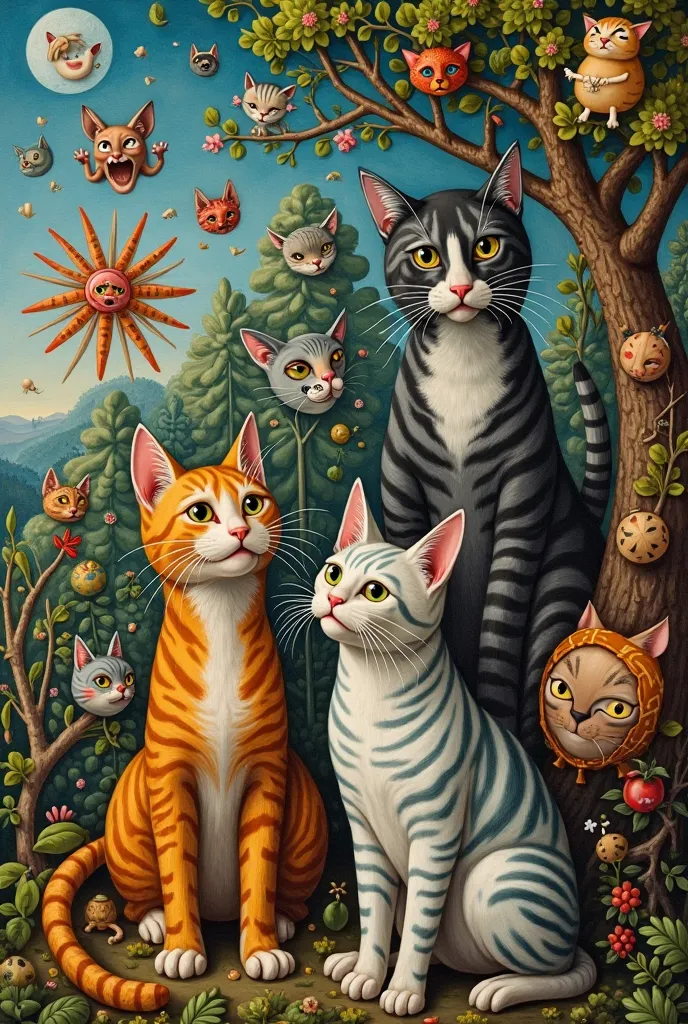 The painting of The Garden of Delights by El Bosco by all the characters in the painting being Bosco-style cats 