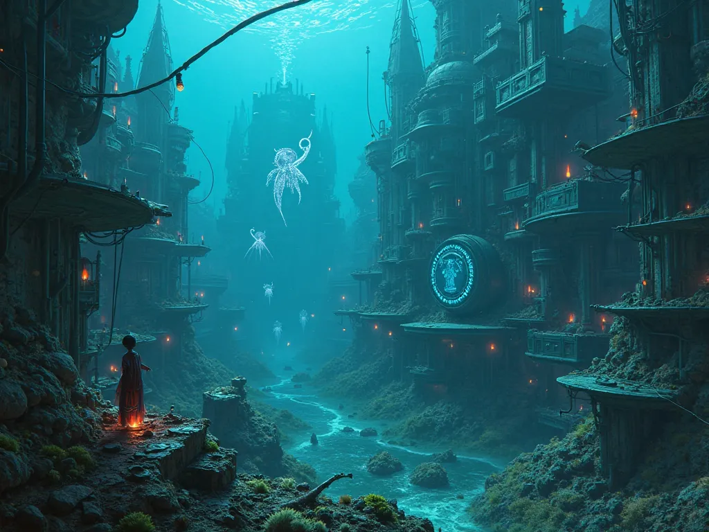 Brilliant cyberpunk-style submerged city with several abassal creatures around