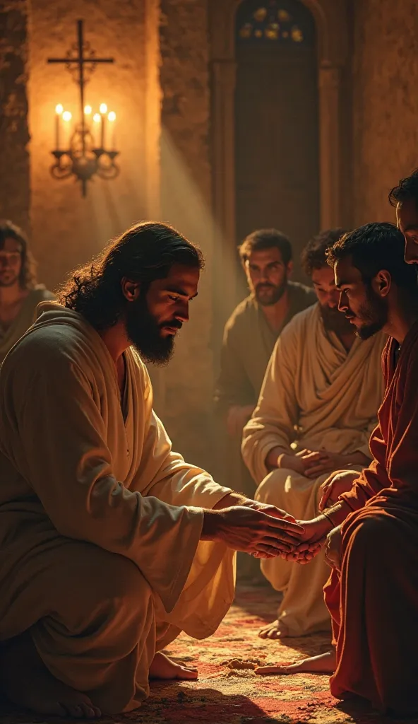 "Jesus washing the feet of his disciples, a symbol of humility and love, in a warm, candlelit room."
