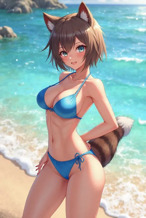  A girl with big breasts  ,Short brown hair, One blue eye and the other brown ears and tail of a raccoon in a blue bikini on the beach, anime style