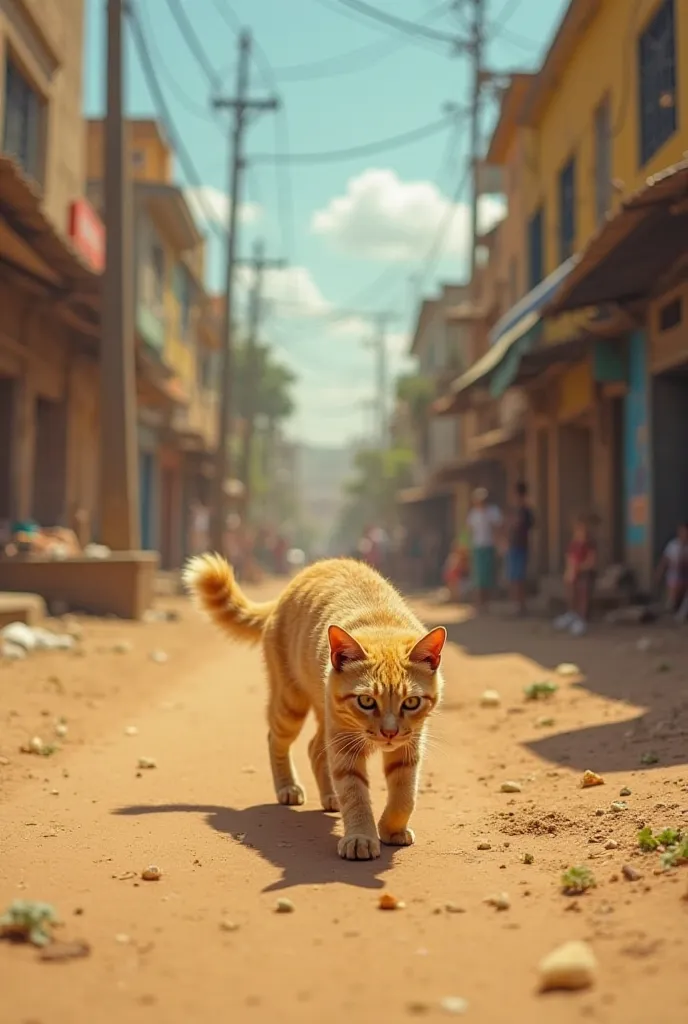 **Title:** *The Hungry Stray: A Cat’s Struggle*  

**Prompt:**  
A weak, yellow cat limps along a dusty road, its ribs visible beneath its matted fur. Its tired eyes scan the empty street, searching for food. The scorching sun beats down, making each step ...