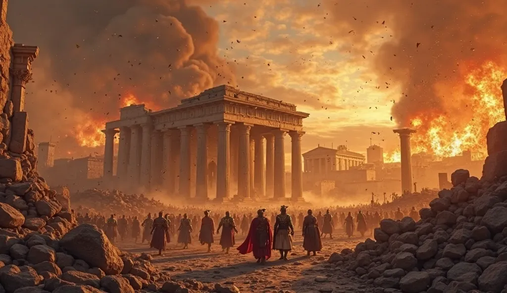 "the Temple of Jerusalem is on fire, with crumbling columns and Roman soldiers invading the city in the midst of chaos. The sky is filled with thick smoke, as civilians flee in desperation and some try to resist unsuccessfully. Soldiers with armor and swor...