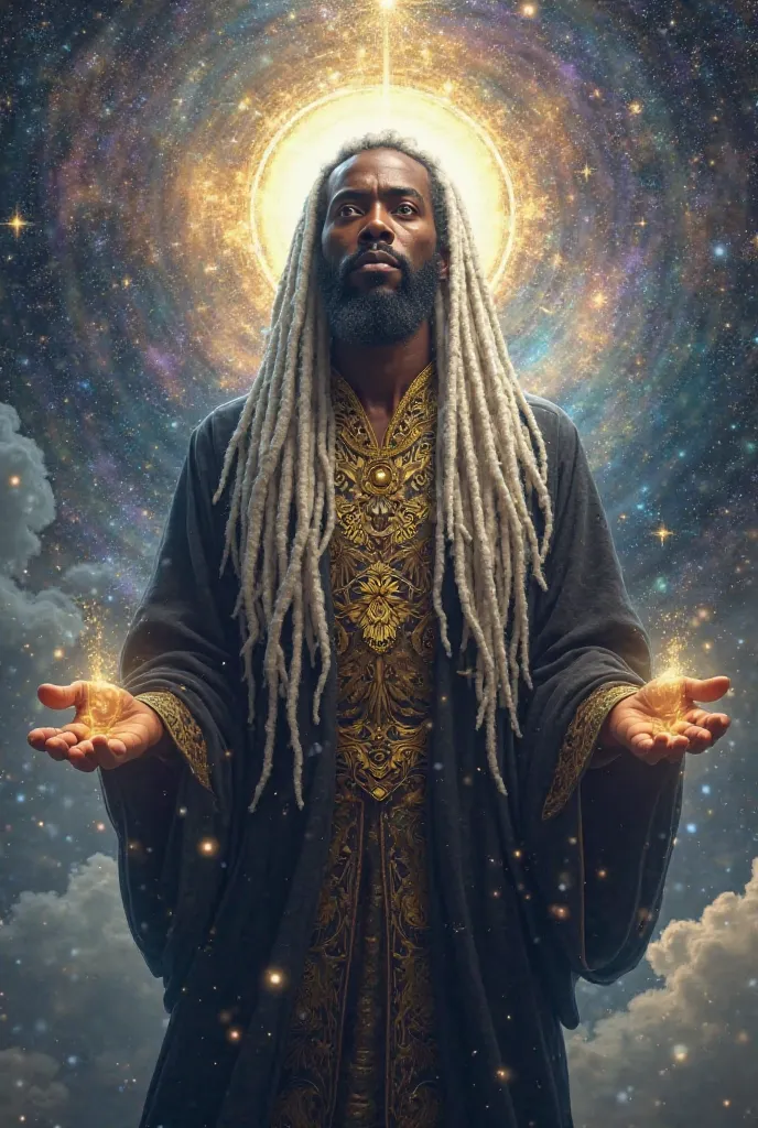 "Create an ultra-realistic 4D image of Enoch as a majestic Black figure with deep, rich brown skin, standing in a celestial realm. His long, white dreadlocks cascade down his back and over his shoulders, each lock shimmering faintly with divine light. His ...