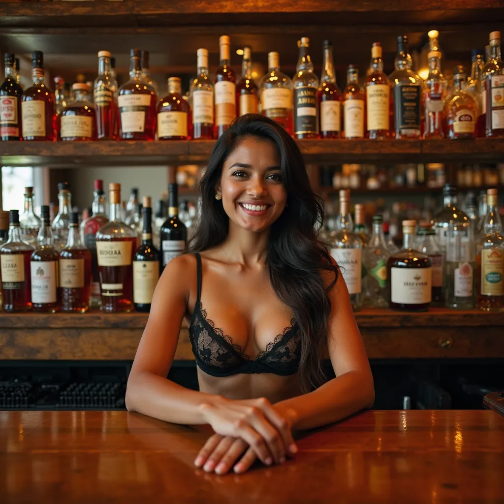  The interior of a bar with a large wooden counter , polished to shine , with three shelves filled with a variety of expensive liquor,  including whiskey bottles , vodka and rum .  The shelves are illuminated ,   highlighting the labels and the colors of t...