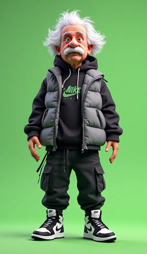 Create a cartoon-style 3D illustration of Albert Einstein, but with a modern and stylish look. He should be wearing a Nike outfit inspired by high-end streetwear, with a black oversized sweatshirt, a gray puffer vest, black cargo pants with white accents, ...