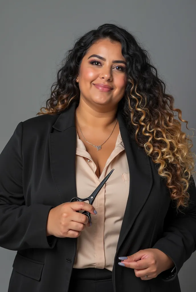 Create a photo of a hairdresser with long black curly hair with blonde locks at the tips, Are you wearing a black blazer beige shirt professional photo is posing holding a professional hair cutting scissor is positioned on the side, Your fingers are perfec...