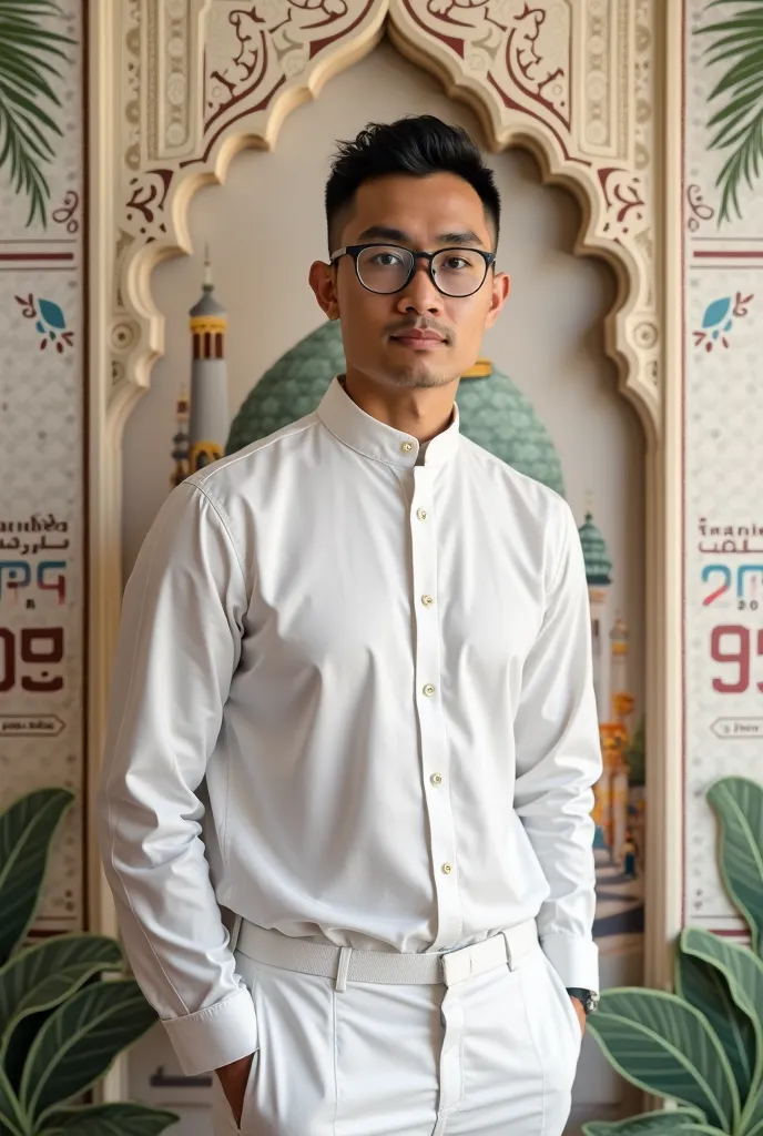 1 handsome indonesian man Handsome,  face to camera,,withe clothing , wearing a color  withe color and baground desain logo ramadan 1446 H-2025,text ramadhan karim 2025 ,dekorasi text logo ramadhan 2025.
Short.desain  baground logo masjid,dekorasi  text ra...