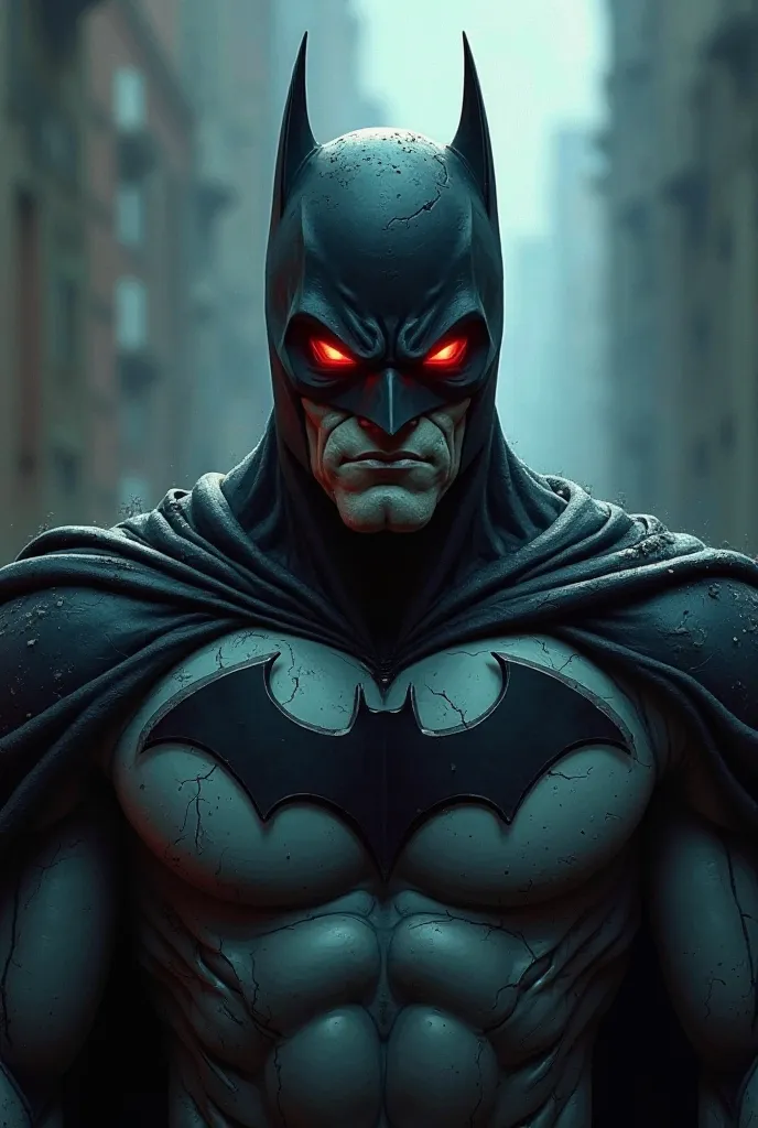 A picture of a bad and evil Batman without opening his mouth and his eyes are red. The picture is medium-dimensional and the shape of the picture is as if it is a cartoon